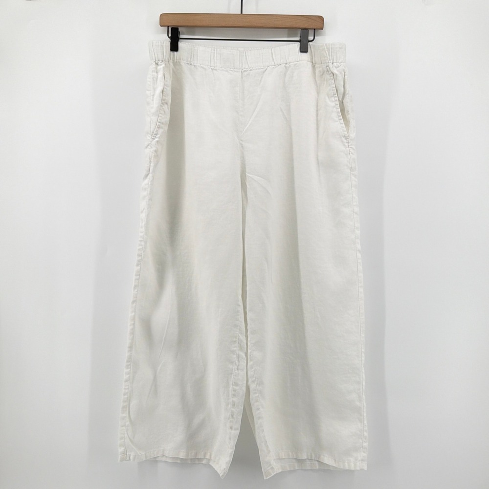 Eileen Fisher White 100% Linen Wide Leg Crop Pants Large L Fits XL Relaxed EUC